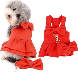 Ranphy Pet Red Bowknot Winter Dress for Small Dogs Girlsl Woolen Coat with Leash and D-Ring Cats Puppy Warm Clothes Birthday New Years Christmas Party,Red,S