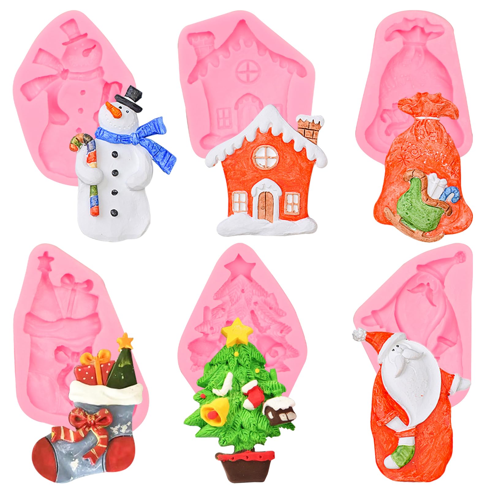 Santa Fondant Molds, Chiristmas Tree Snowman Candy Cane Silicone Molds, Xmas Sock Sack Snow House Shaped Chocolate Molds for Cake Decoration Cookie