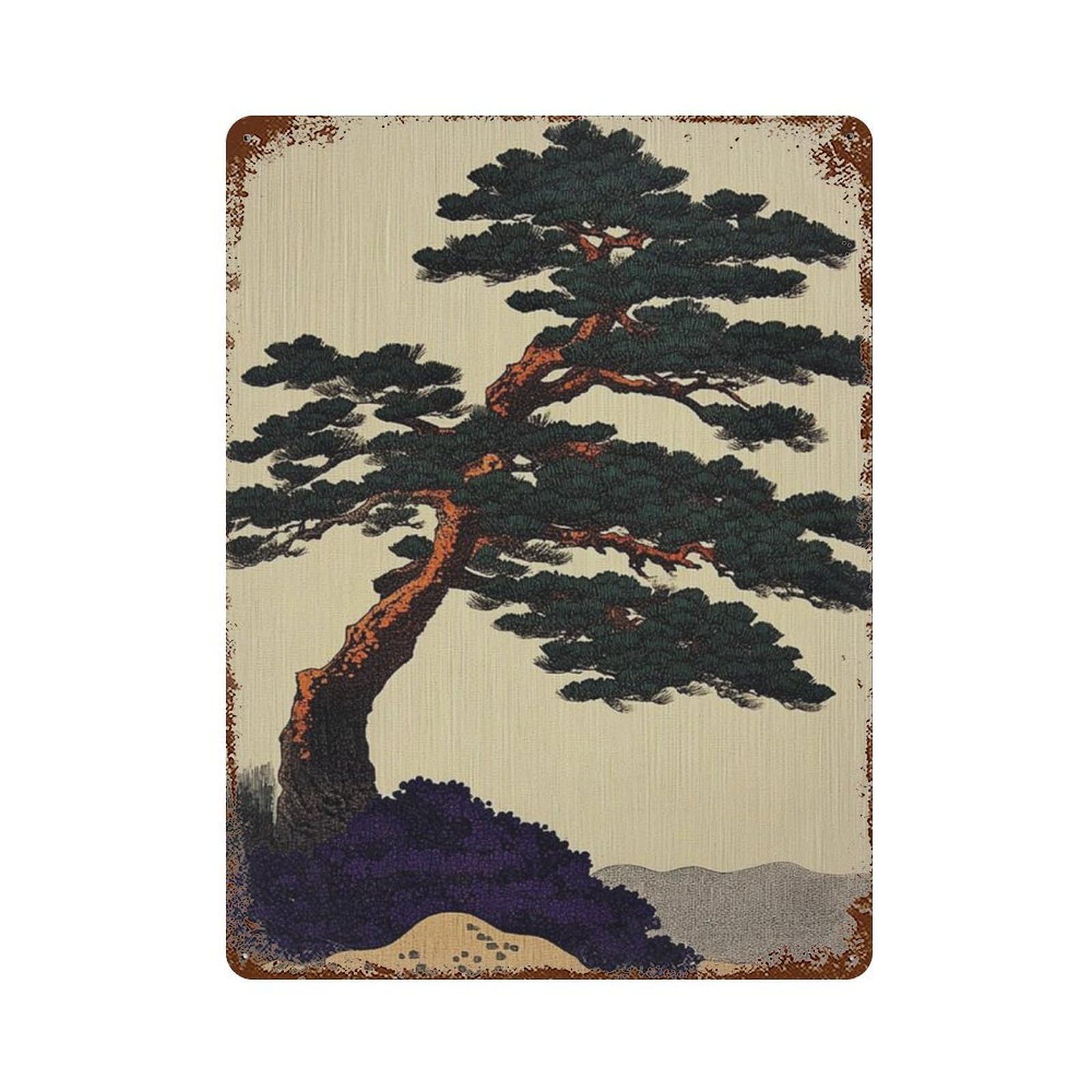 xiaoxiaoshen Japanese Pine Tree Woodblock Style Landscape Minimalist Asian Nature Botanical Wall Decor Art Metal Tin Poster Modern Home Decor Art Home Bar Shop Decorations Vintage Sign 40x30cm