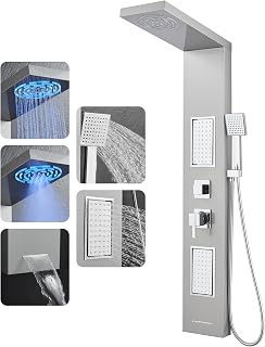 ROVOGO 50" LED Shower Panel Tower: Rainfall & Mist Head, Body Jets, Handheld Wand, Tub Spout - Brushed Stainless Steel System