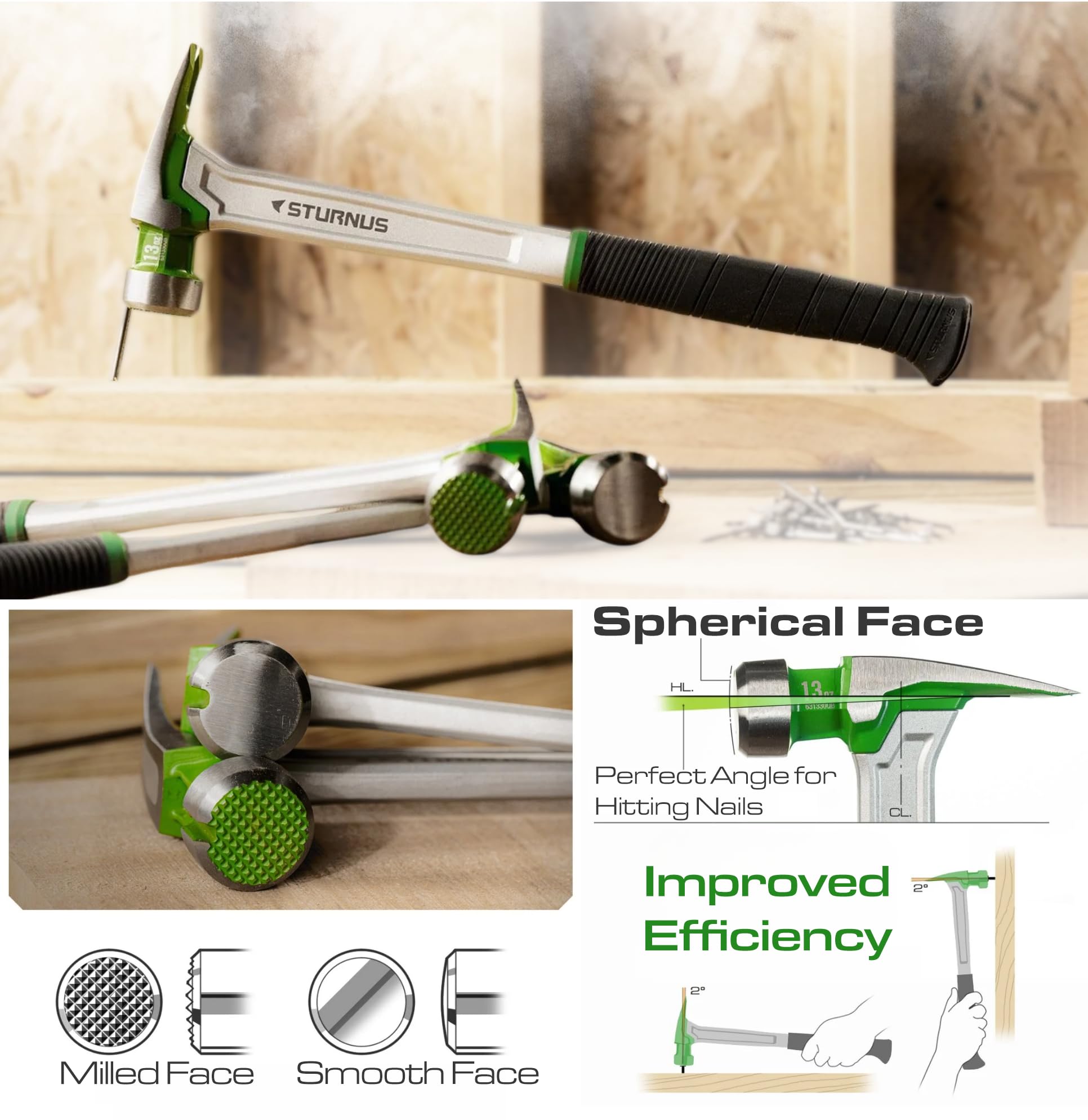Sturnus - Martello da carpentiere Velocity Rip da 368,5 g, in alluminio leggero ed ergonomico, di grado professionale con impugnatura antivibrazione (faccia zigrinata, manico lungo)