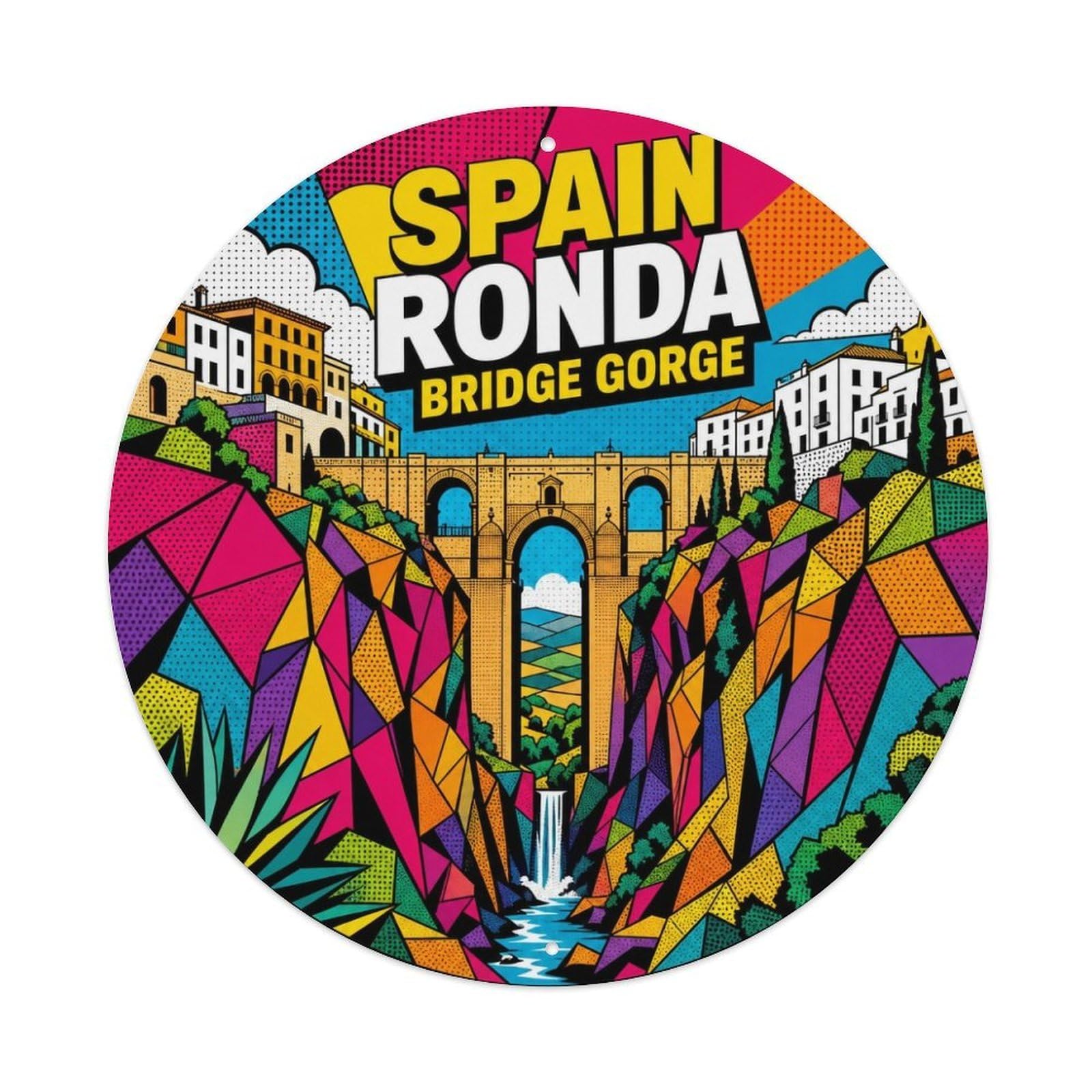 Ronda Bridge Gorge Spanish Comic Color City Landmark Metal Tin Sign Plaque Wall Decor for Cafe, Man Cave, Club Bar, Office, Home Garden Round Metal Poster 8x8Inch