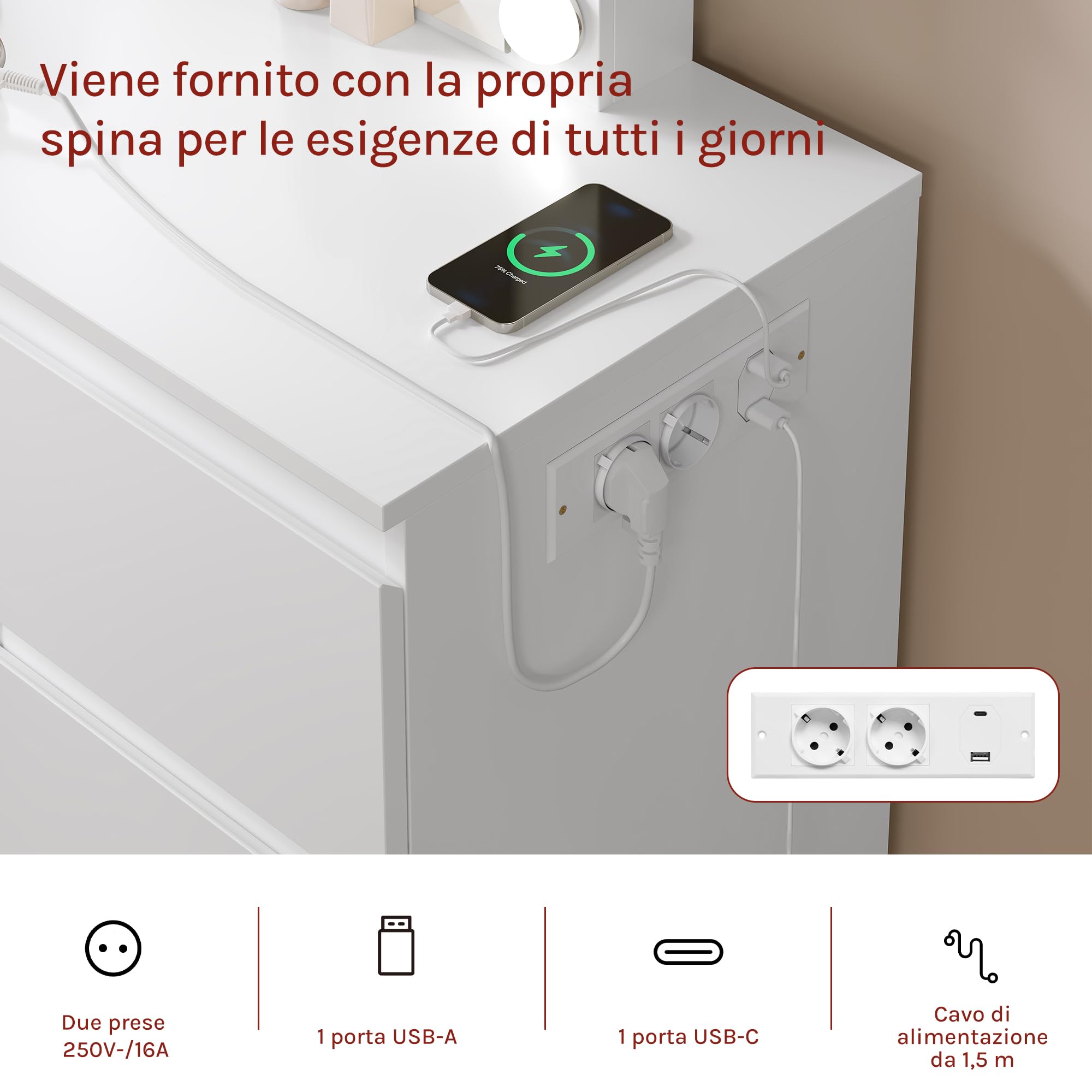 WOLTU Toeletta da Trucco con Specchio LED Regolabile, Sedia da Make Up, Seduta Imbottita, Tavolo da Trucco Moderno con Cassetti e 2 Prese, 1 USB-A e 1 USB-C, Cavo di 1,5 m, Bianco