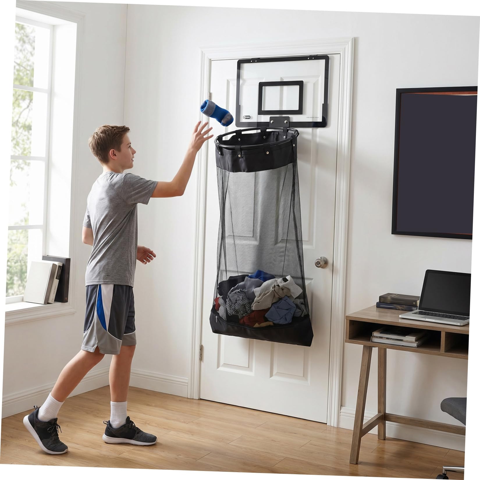 Basketballwurf Wäschekorb mit Türhaken, Schwarzes Kunststoffnetz,