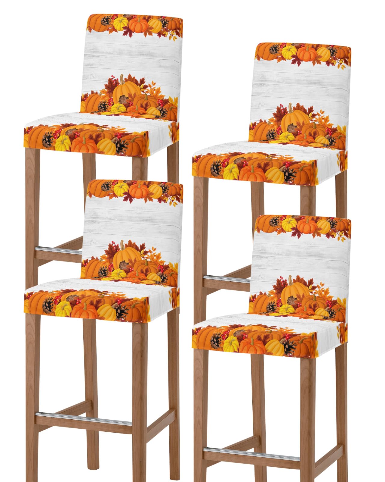 Bar Stool Covers Harvest Fruits Pumpkin Maple Leaf Bar Chair Cover Set of 4 Stretch Fall Chair Covers Wood Grain Pub Counter Height Chair Slipcovers for Kitchen Dining Room Cafe Thanksgiving Holiday
