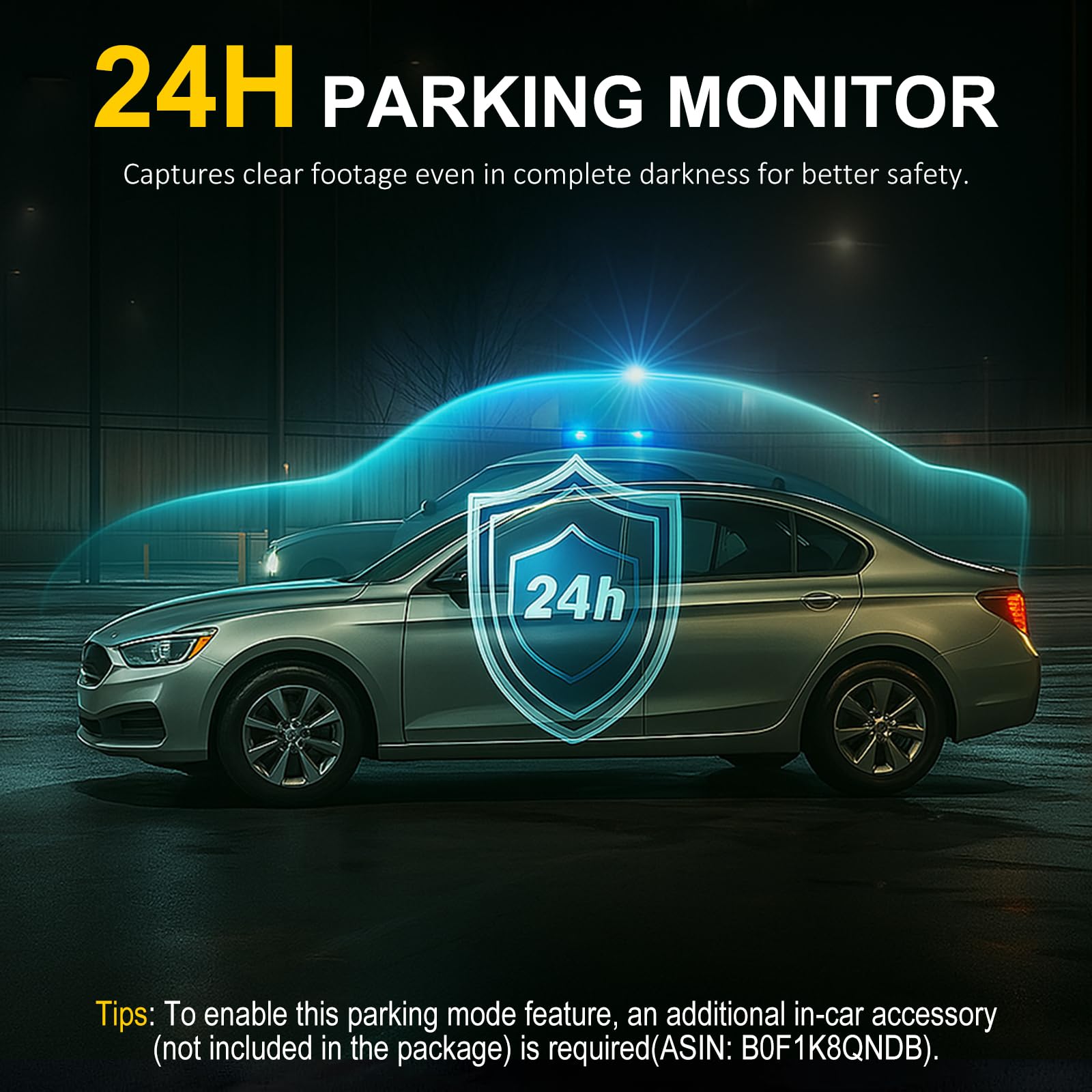 Illustration of a car under 24-hour parking monitor protection, with a shield icon and text indicating the need for a hardwiring kit.
