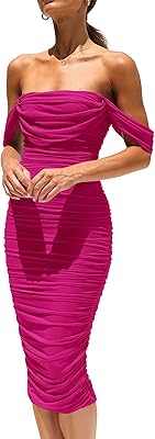 PRETTYGARDEN Summer Wedding Guest Dresses for Women 2026 Off the Shoulder Ruched Bodycon Spring Midi Cocktail Party Dress