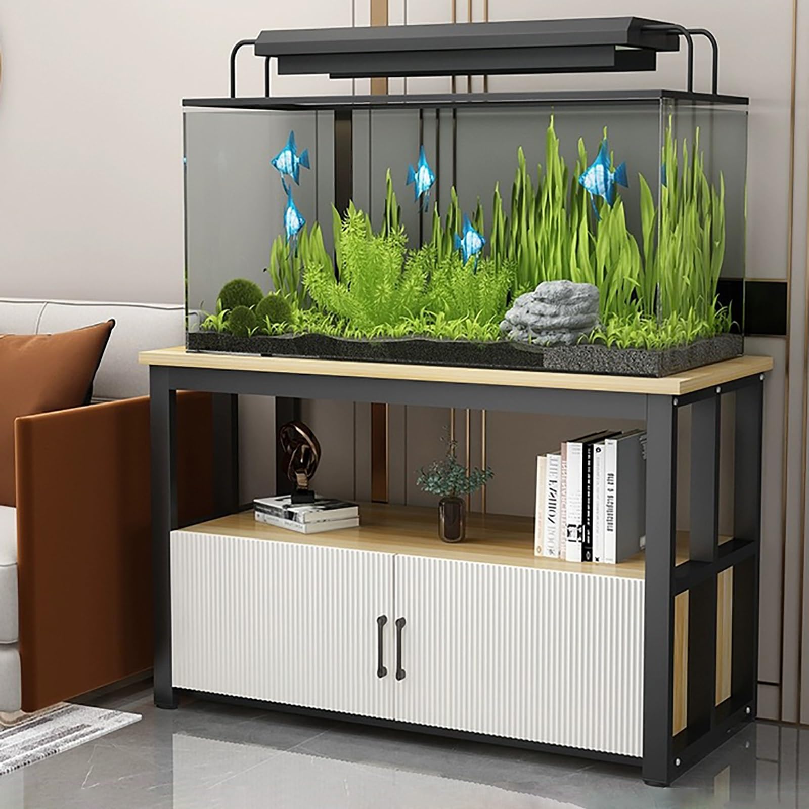FVTVHEV Aquarium Stand Fish Tank Rack Width 50-120cm Double-deck design Heavy-Duty Fish Tank Base With storage cabinets Suitable for home or office use(Wood Grain+Black,50x40x70cm)
