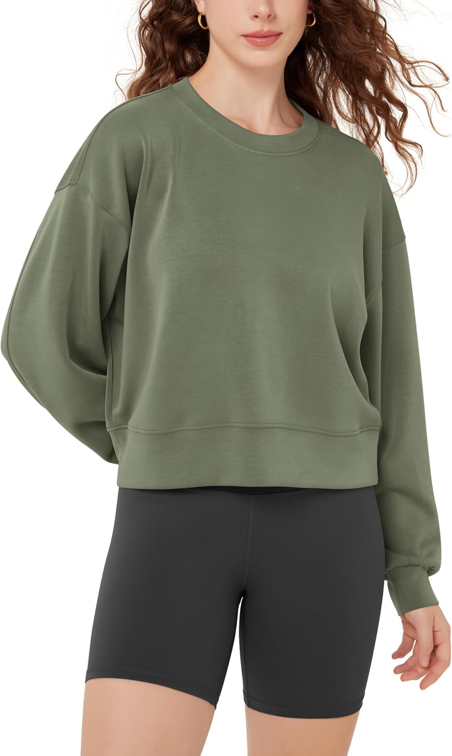 ODODOS Modal Soft Long Sleeve Cropped Sweatshirts for Women Oversized Crew Neck Pullover Crop Top