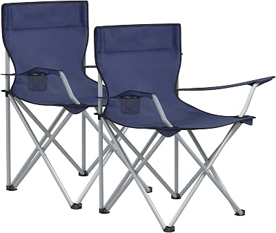 SONGMICS Folding Camping Chairs, Set of 2 Outdoor Chairs, with Armrests, Cup Holder, Portable, 265 lb Capacity, for Camping, Garden, Fishing, Beach, Balcony, Dark Blue UGCB01IN
