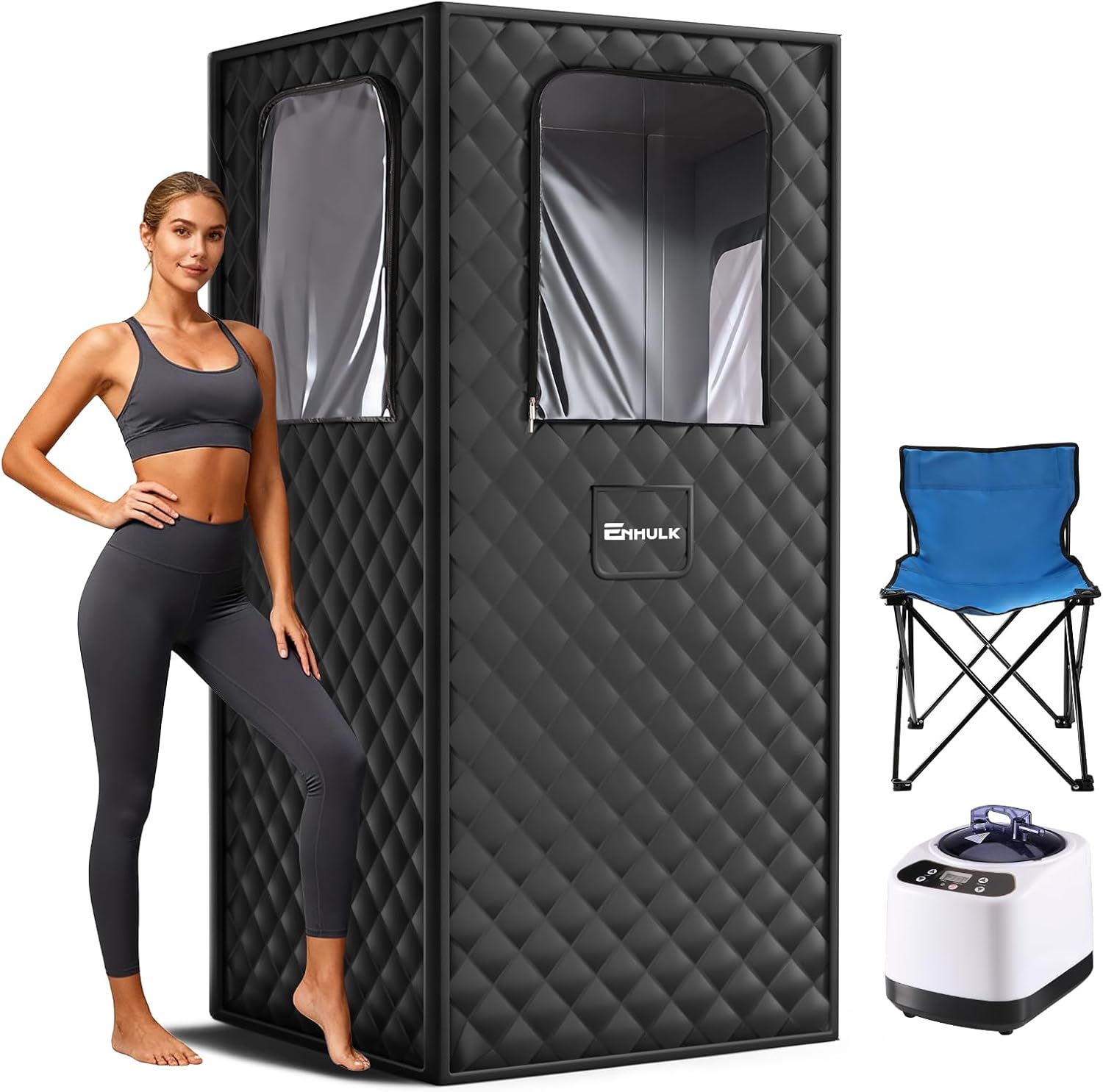 Enhulk Portable Sauna Box for Relaxation, Detoxification, Steam Sauna Tent for Home with 3.0L Steamer, Folding Chair, Remote Control, Doormat, 9 Levels, 2.6' x 2.6' x 5.9', Square