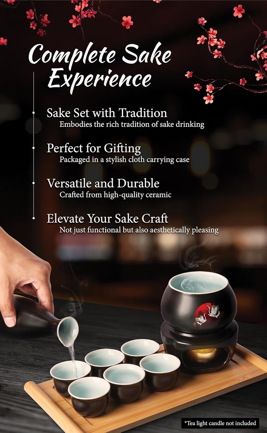 Japanese Sake Cup Set with 6 Ceramic Cups, 1 Ceramic Sake Bottle, 1 Ceramic Sake Warmer, Bamboo Tray, and Cloth Carrying Case - Perfect Hot Sake Set for Authentic Japanese Experience