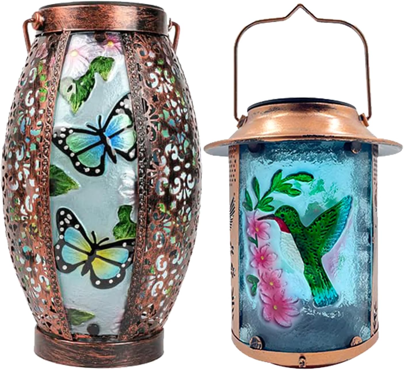 16" H Butterfly Solar Lanterns + 10" H Hummingbird Solar Lanterns Outdoor Waterproof Tabletop Light with Hollowed-Out Design for Garden Patio Table Decor Christmas Gifts