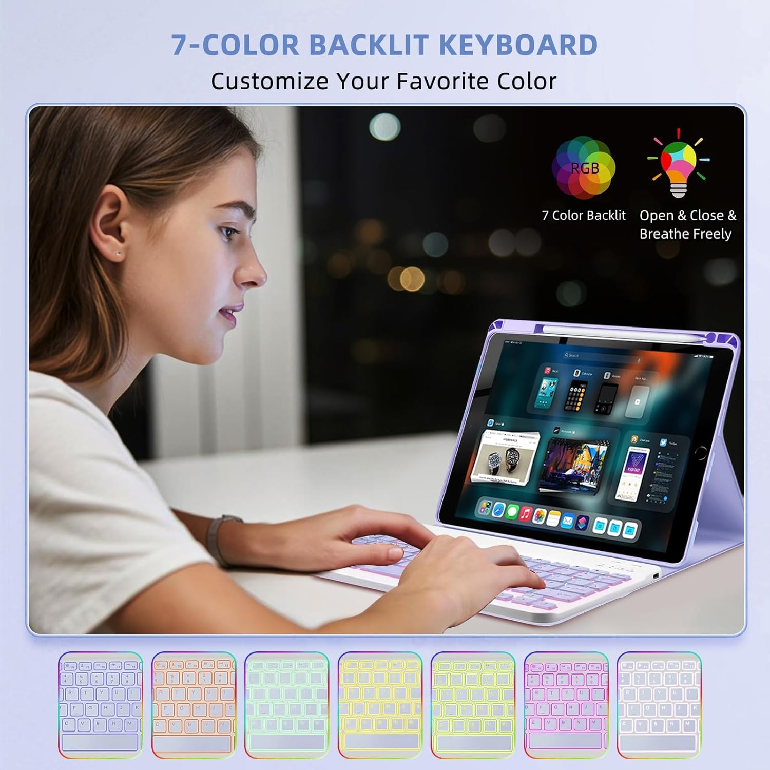 Keyboard Case for iPad 9.7 (6th Gen 2018 / 5th Gen 2017) / Pro 9.7 inch (2016) - 7 Colors Backlit Keyboard Cover and Mouse (Light Purple) - Image 5