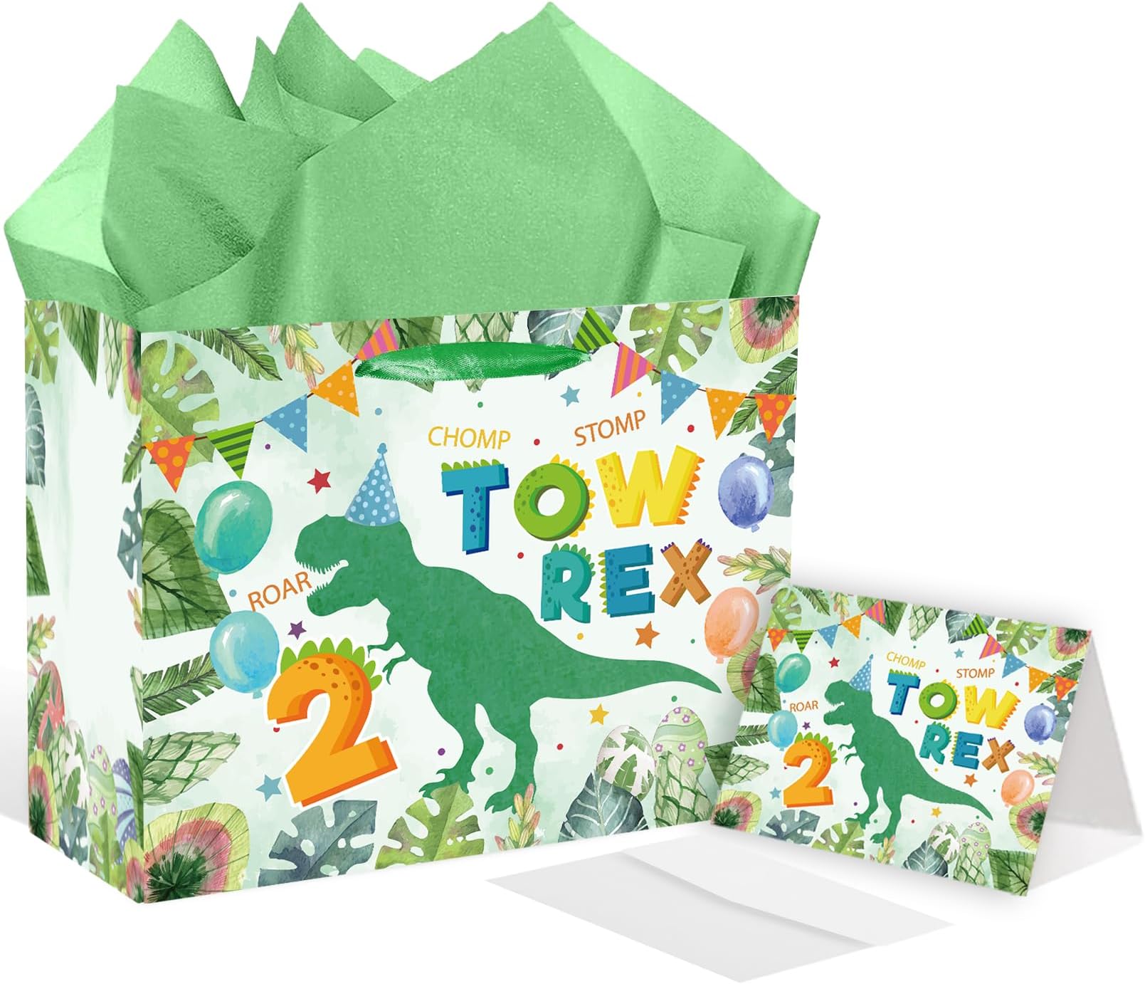 SolarGlory 2nd Birthday Gift Bag Dinosaur Party Decorations 2nd Birthday Wrapping Paper Bag with Tissue Paper and Card for Young Baby Boys 2 Year Old Party Favors Supplies Baby showers
