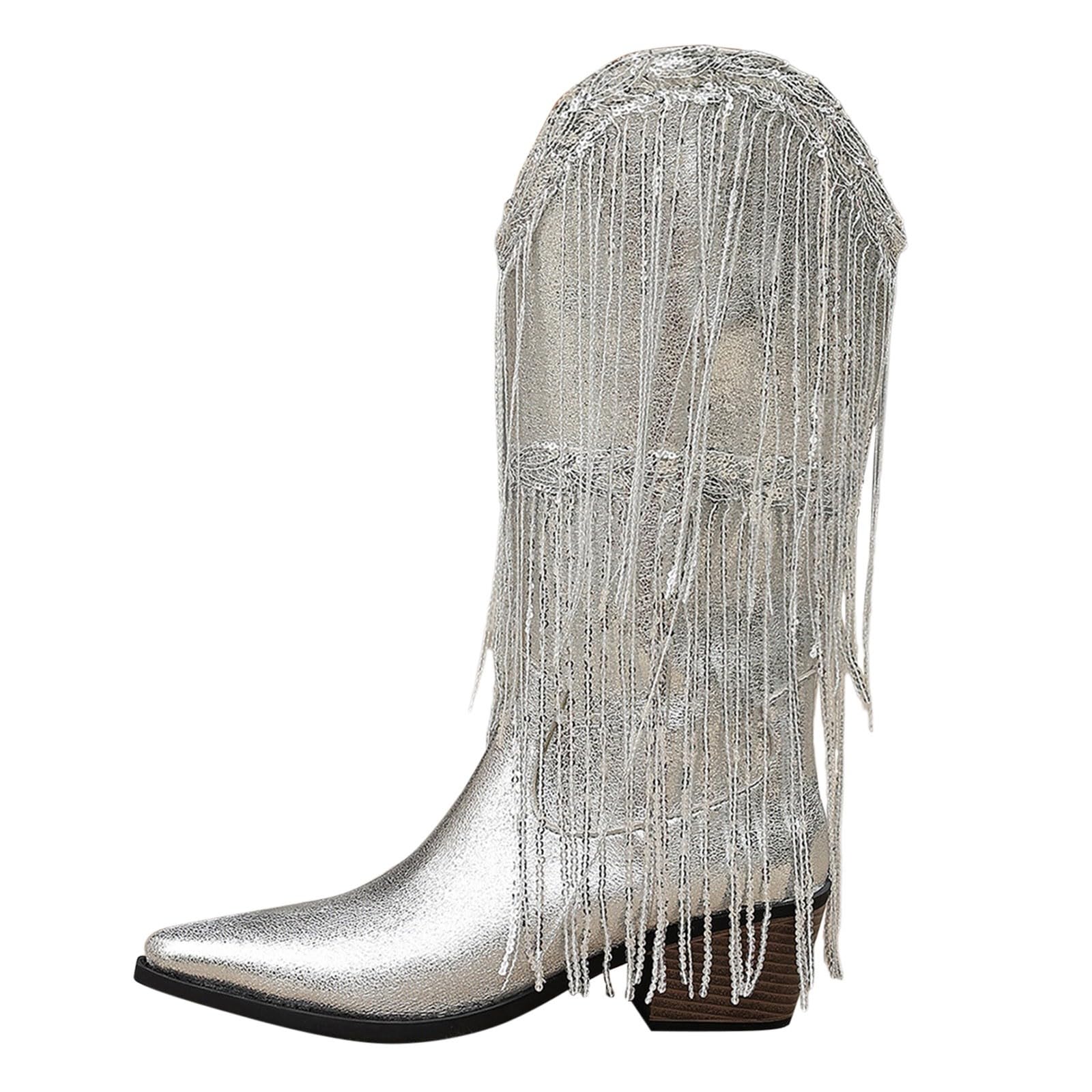 Generico Stivali Texani Donna Western Scarpe Tacco Medio Stivali Comode | Alti Fino al Ginocchio Stivali Cowboy Donna Polpaccio Largo Camperos Scarpe Sportivi Western Texani Stivali