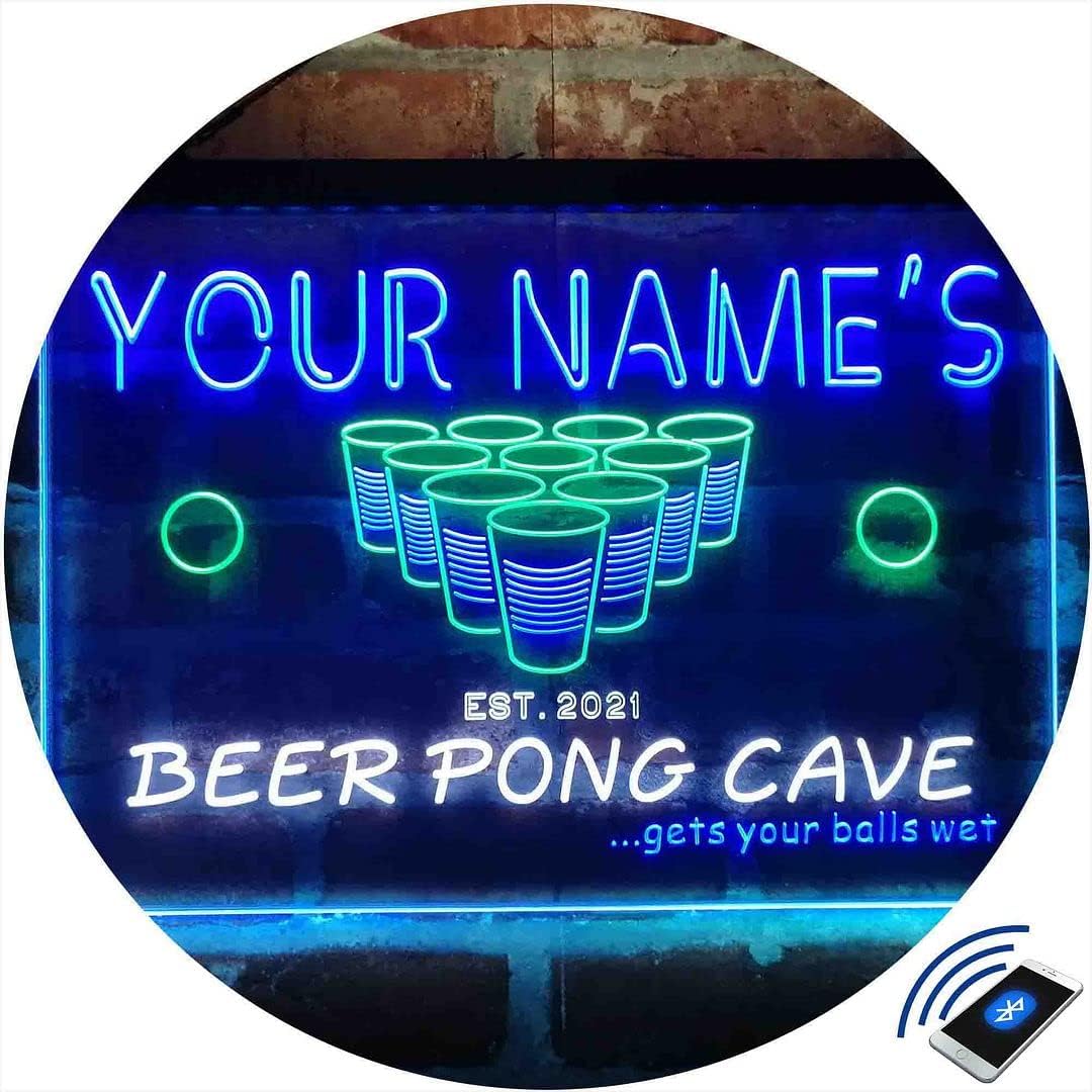 Personalized Beer Pong Cave Tri-Color LED Neon Light Sign Customize Name Date Text Quote Font White & Green & Blue 17.7 x 13.6 Inches st9s43-qr1-tm-wgb