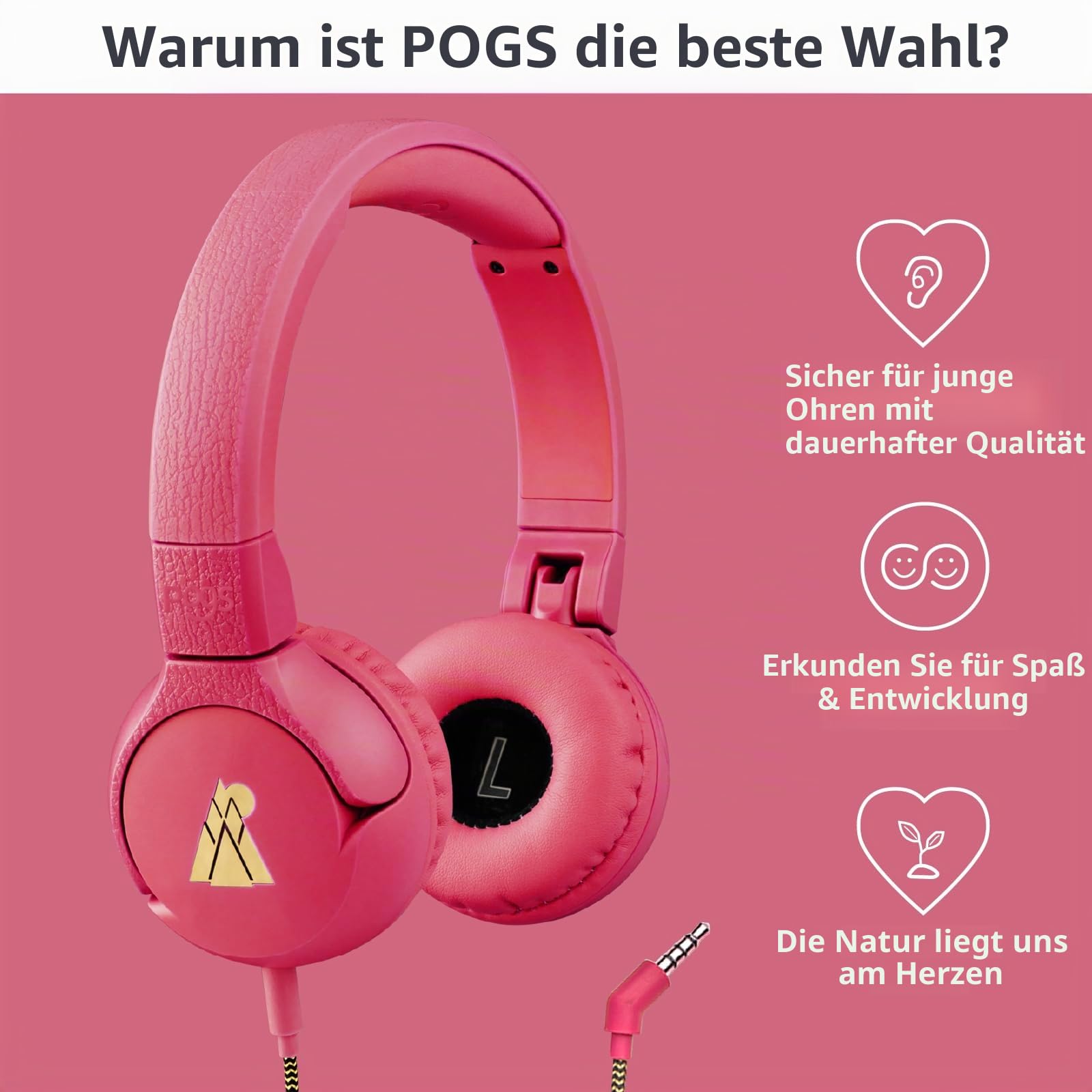 POGS-Kinderkopfhörer mit Kabel | The Elephant 2 | Faltbarer robuster Kinderkopfhörer ab 3 Jahren | Lautstärkebegrenzung 85 dB, Mikrofon | On-Ear | Musik-Sharing-Funktion (rRosa)