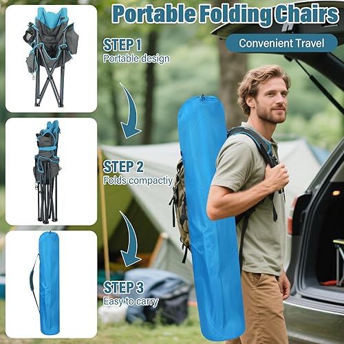 Miniatura 7 de Sillas de campamento de respaldo alto de gran tamaño con almohada, soportes dobles para tazas y bolsa enfriadora, silla plegable resistente al aire