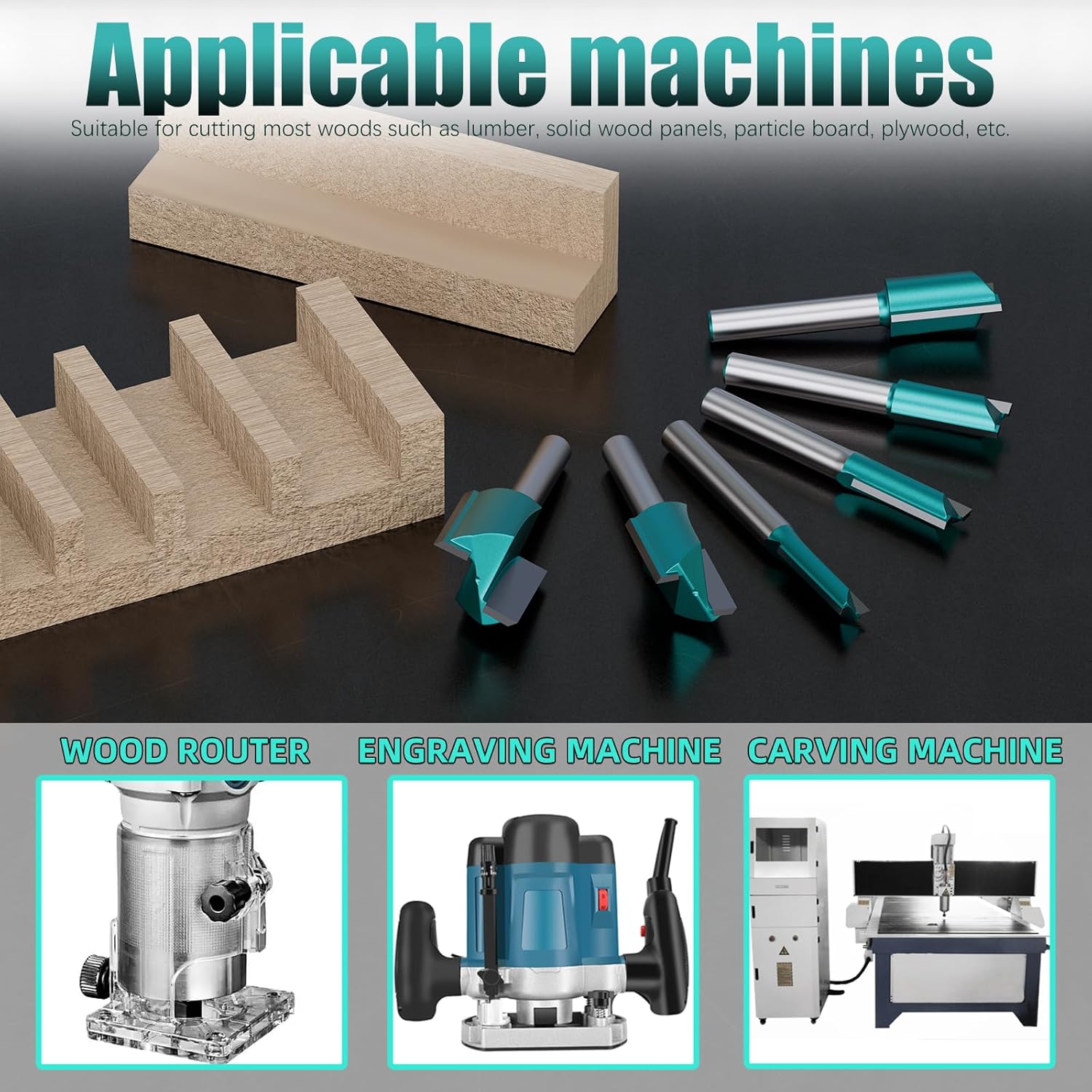 CSOOM 7Pcs Straight Router Bit Set 1/4" Shank,Double Flute Straight Bit Dado Cut Router Bit, Cutting Diameters 3/4”, 5/16“, 1/2”, 3/8“, 5/16”, 1/4”*2, for Woodworking