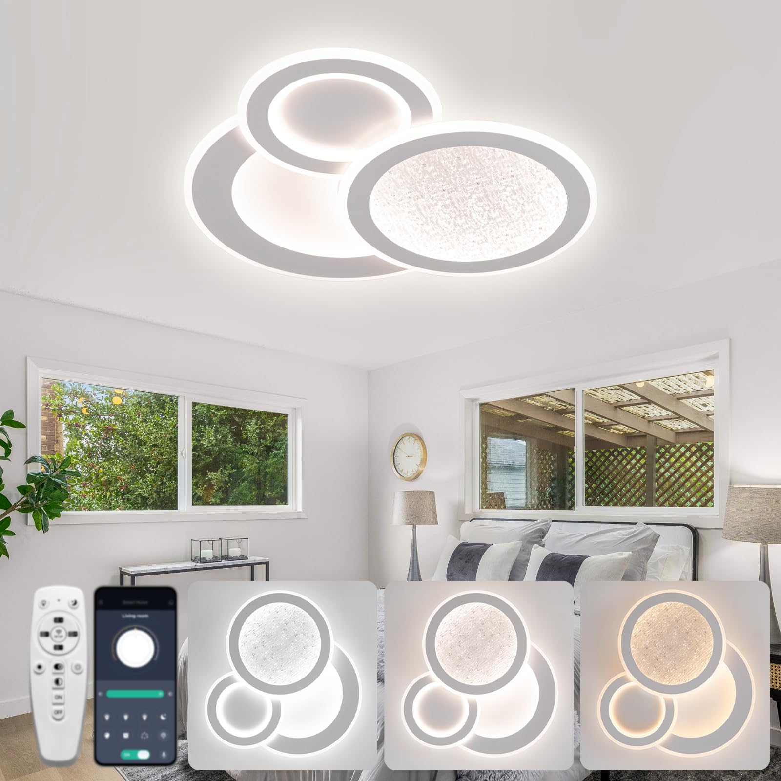 Dagea LED Dimmable Ceiling Light, 88W 6400lm Modern Dimming Ceiling Lamp with Remote Control, Creative Round Ceiling Lights for Living Room Bedroom Kitchen Hallway Lighting Fixture, White