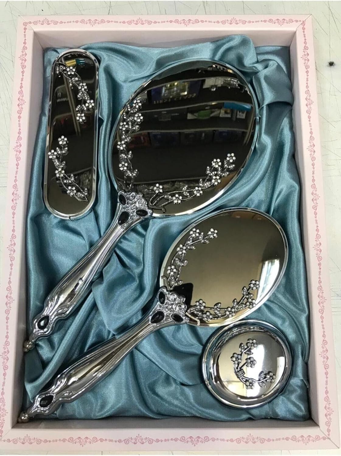 SODEF Mirror and Comb Set Silver Plated Bridal Gift Double Bouquet Design Decorative Vanity Set for Dresser, White - No Color