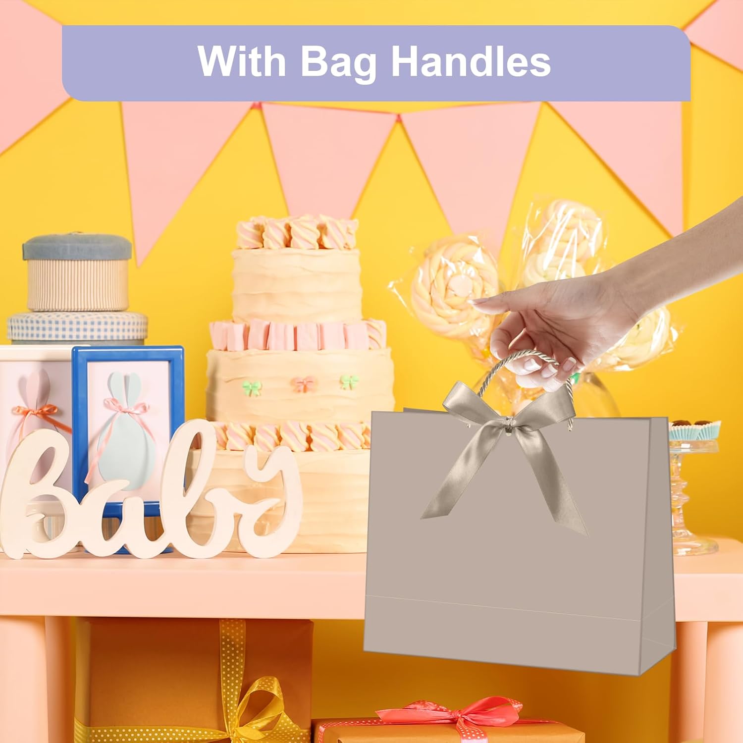 CINSOEN 12 Pcs Paper Gift Bags with Handles, Thank You Gift Bag with Ribbon Bow for Graduation Wedding Bridesmaid Birthday Baby Shower Party Christmas Thanksgiving, 12.4x9.8x4.3 inches (Champagne) - Image 5