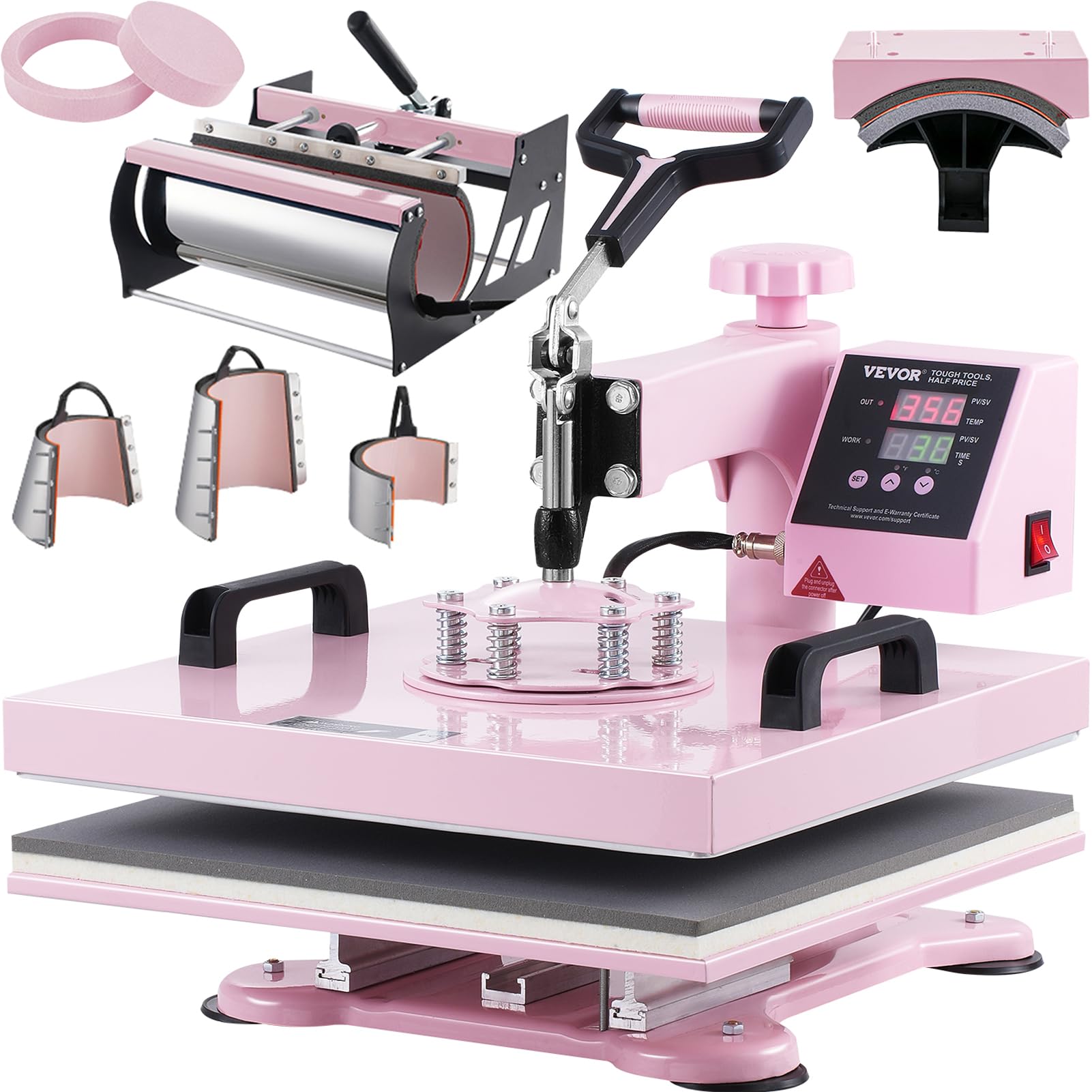 vevor 15x15 heat press machine 8 in 1 combo with 30 oz tumbler press & hat press, slide out heat press sublimation machine for t-shirts, hats caps tumblers glass cans mugs, and plates (light pink)