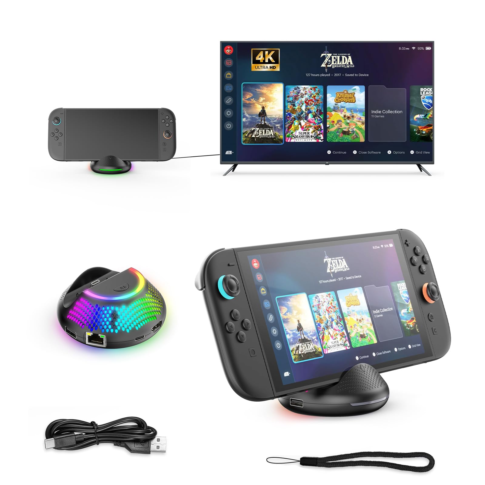 Switch 2用ドック【5IN1多機能「22.0.0」対応】Switch 充電スタンド 有線LAN付き スイッチ2 ドック LANポート/HDMI変換/TVモード/USB-C/USB2.0マルチポートを搭載 Switch 2用 テレビ接続出力 RGB照明付き 軽量化 TVモード/充電モード 遅延なし 持ち運び便利 スイッチ ドック替換 (ブラック)