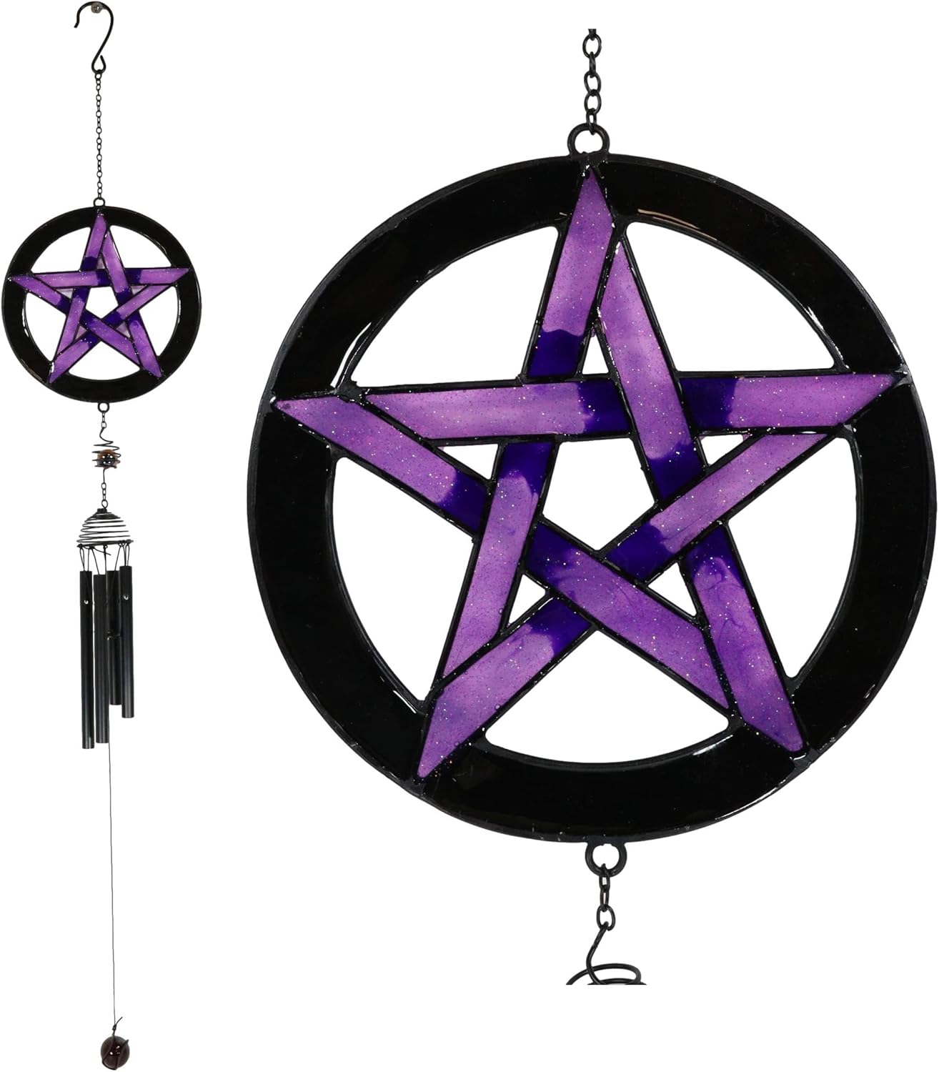 Ebros Gift Purple Stained Glass Pentacle Pentagram Circle Resonant Relaxing Metal Wind Chime Suncatcher Garden Patio Accent with Gemstones and Beads