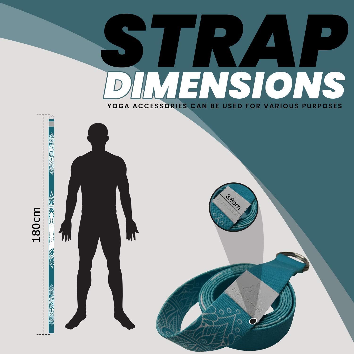 Yoga World Yoga Strap - Stretch Belt for Flexibility Training, Pilates, Exercise, Fitness, Physical Therapy - Thick Organic Cotton - For Studio & Home Use - D-Ring Metal Buckles 6ft (Turquoise White)