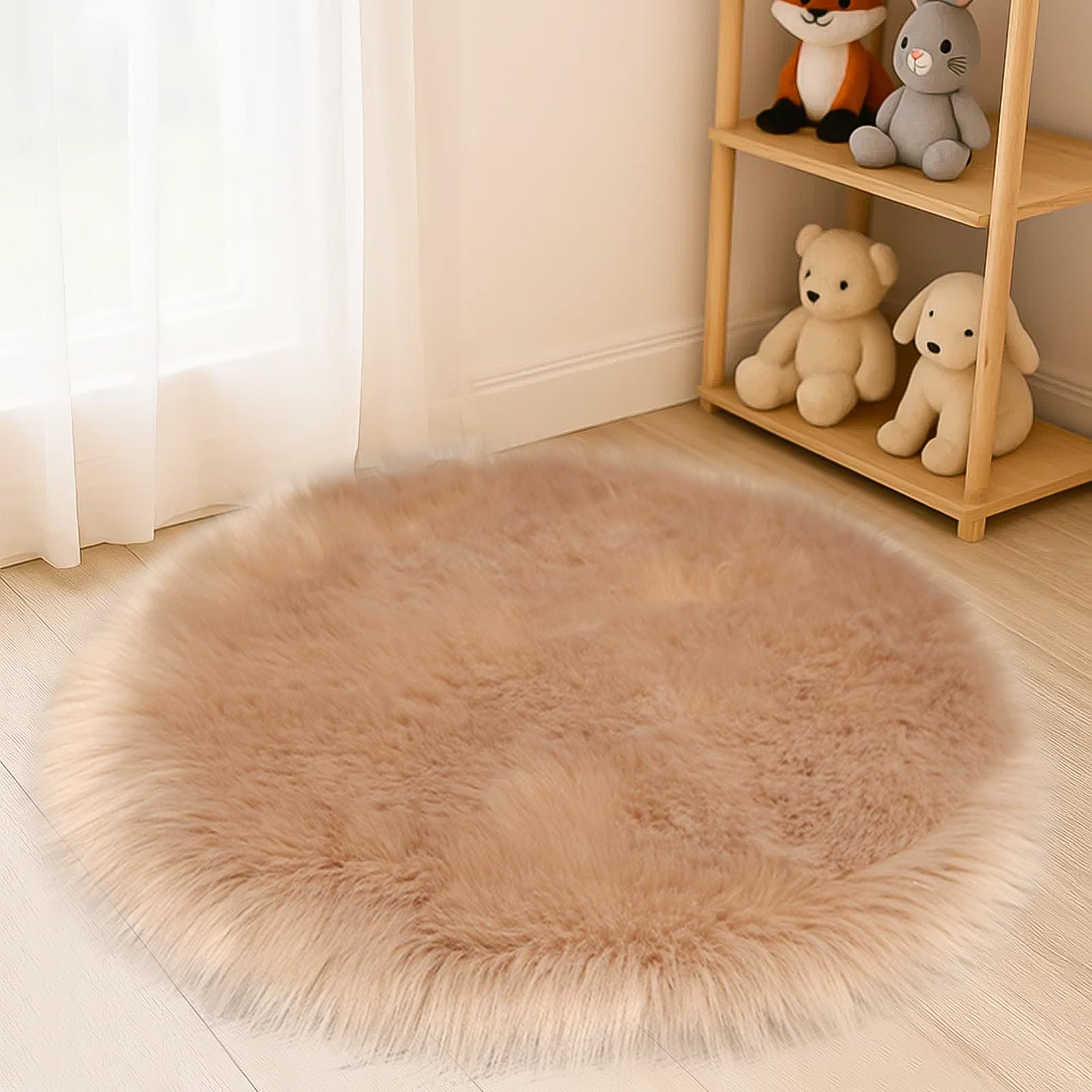 Brown Sheepskin Round Rug Shaggy Plush Fluffy Soft Faux Fur Rug Non-Slip Circle Carpets for Bedroom Living Kids