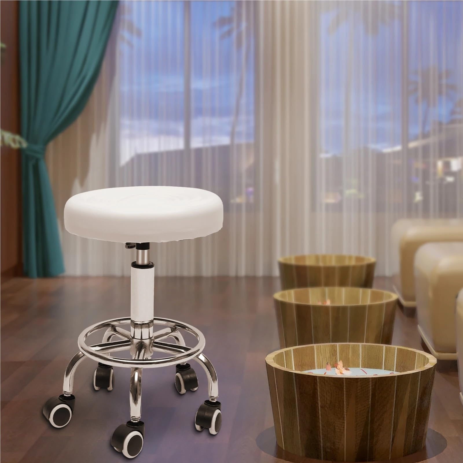 Asiento de mecanico Taburete Redondo con Ruedas y reposapiés de Altura Regulable para masajes de SPA y salón, Color Blanco y Negro Taburete Taller(White)