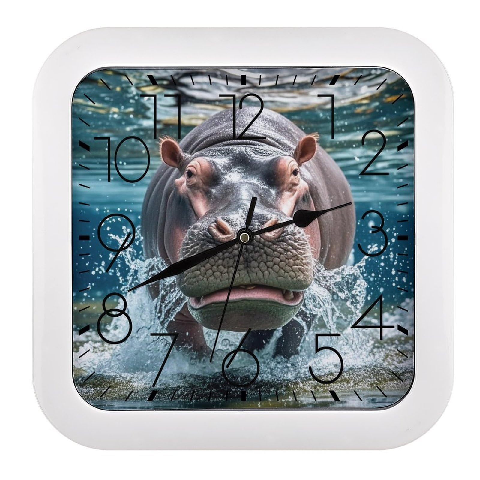 FekiLoot Diving Hippo Wall Clock Battery Operated Square Decorative Wall Clocks Silent Non Ticking Analog Clock Modern Retro Vintage Wall Clocks for Kitchen Living Room Office 10.2 Inch