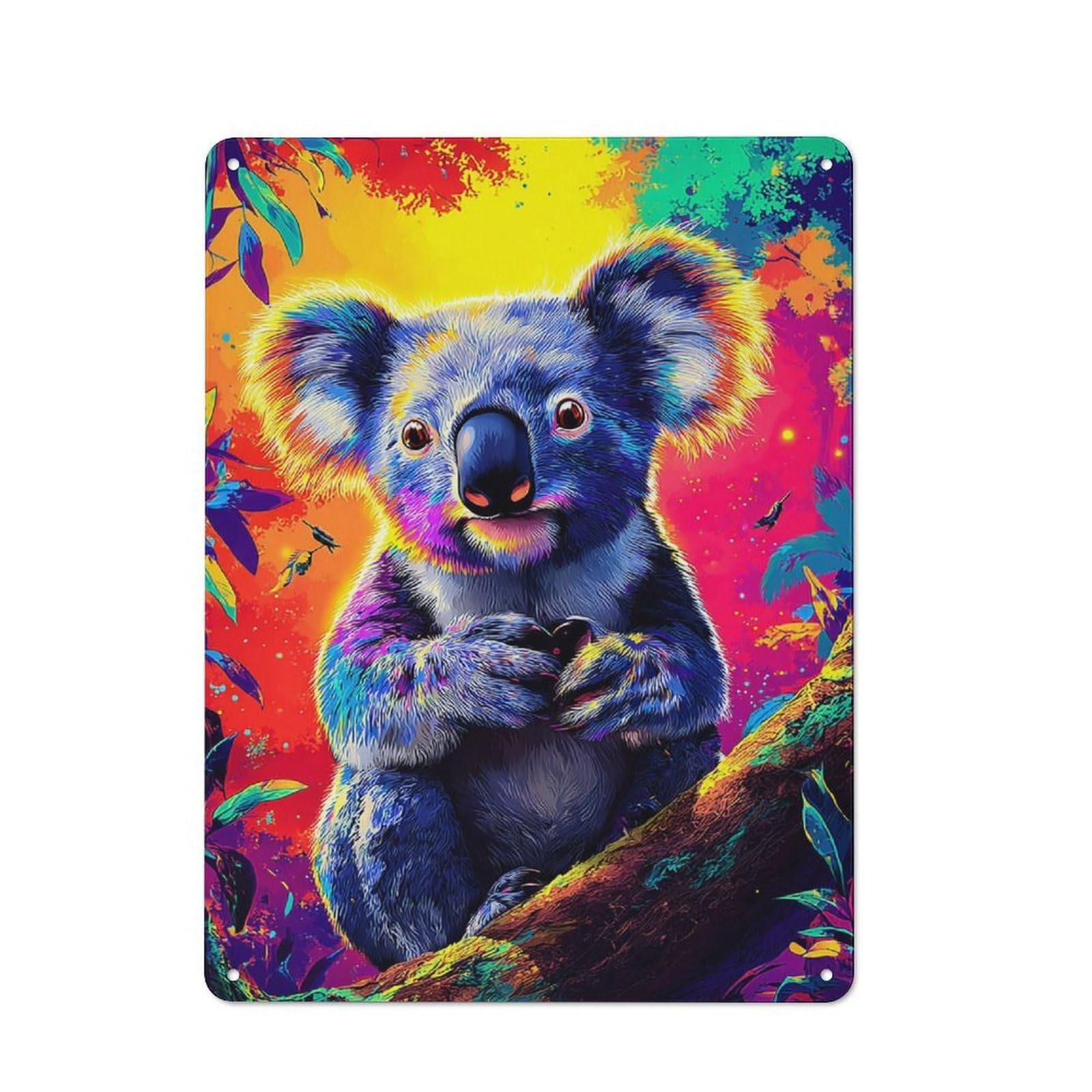 Classic Metal Plaque 40x30cm Featuring Colorful Koala in Vibrant Forest, Bistro Wall Plaque for Kitchen, Cafe, Pantry Or Dining Room