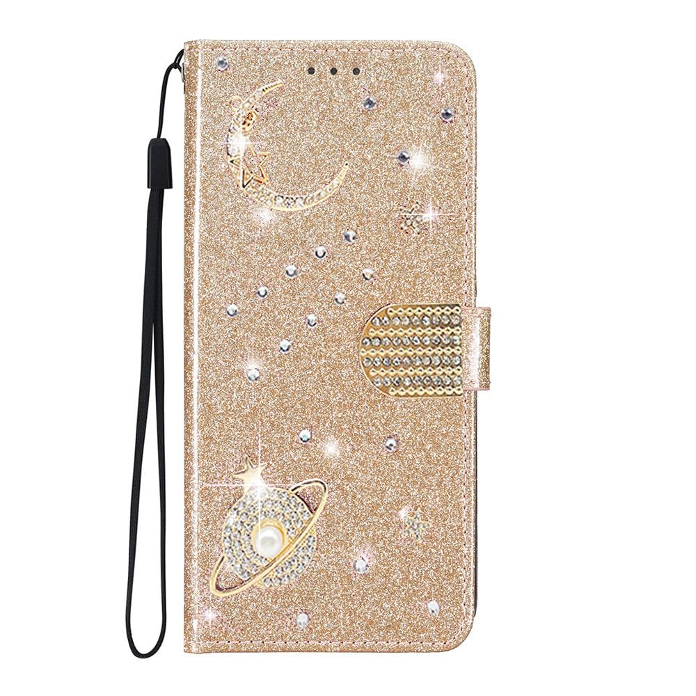 SEHEYA per Huawei P30 Cover Libretto Brillantini Star Planet Universo Motivo Custodia PU Pelle Glitter Portafoglio a Libro Donna Flip Case Magnetica Protezione Caso, Oro