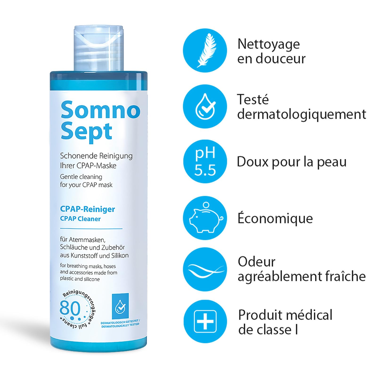 Kit de nettoyage CPAP (SomnoSept 400 ml, lingettes SomnoSept 72 pièces, brosse oxyhero 19 mm) – Kit de nettoyage complet de haute qualité