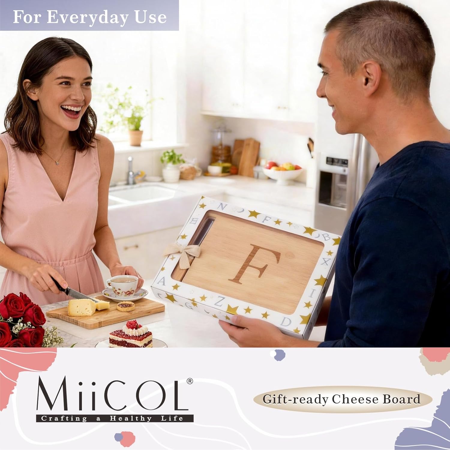 Miicol Wood Charcuterie Board, Monogram Cheese Board 10 Inch, Personalized Initial Cutting Board with Spreader, Unique Housewarming Gift, Ideal for Kitchen, Home, Letter F