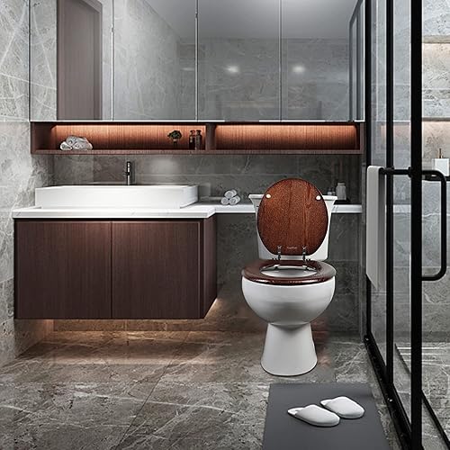 Miniatura 6 de Angel Shield - Asiento para inodoro redondo de madera con cierre lento, fácil de limpiar y bisagras de liberación rápida (redondo, nogal oscuro)