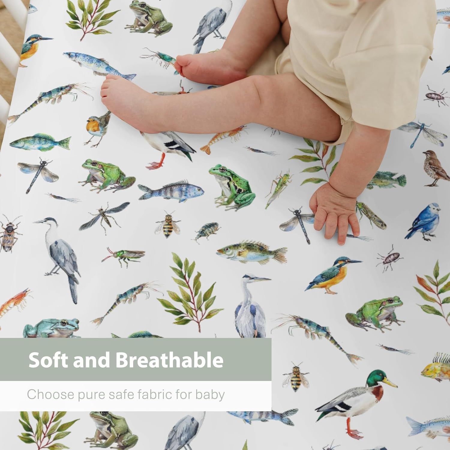 Outdoor Wildlife Pond Baby Crib Sheets for Boy Girl 52"x28" Mallard Duck Bird Frogs Fish Leaves Soft Snug Fitted Crib Mattress Cover Nature Landscape Baby Sheet for Standard Crib & Toddler Mattress