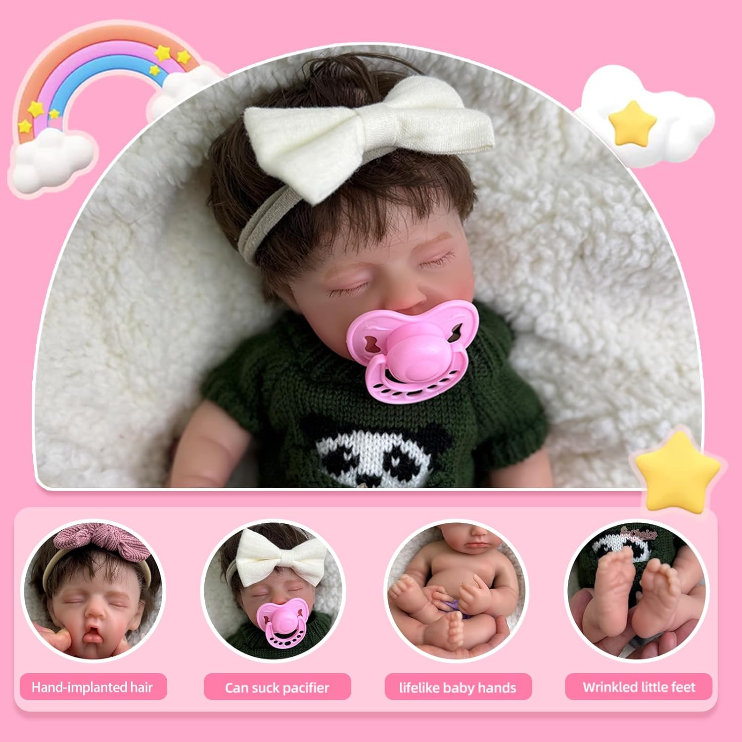 Full Body Silicone Baby Doll with Hair 12 Inch Girl Open Mouth, That Look Real Life Sleeping Newborn Anatomically Correct Baby Doll