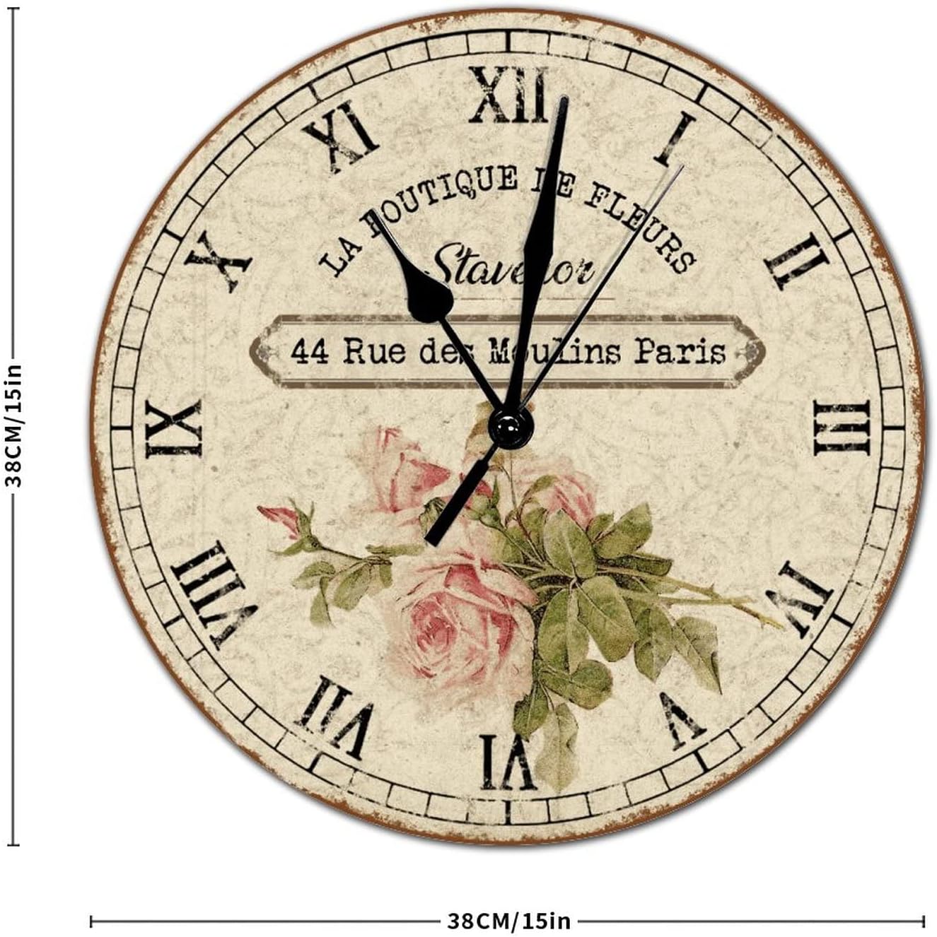 Chic Style 15x15in Modern Round Wood Wall Clock Roman Numerals Wooden Clock Battery Operated Silent Non-Ticking French Vintage Flower Wall Clock for Kitchen Living Room Bedroom Cottage Decor