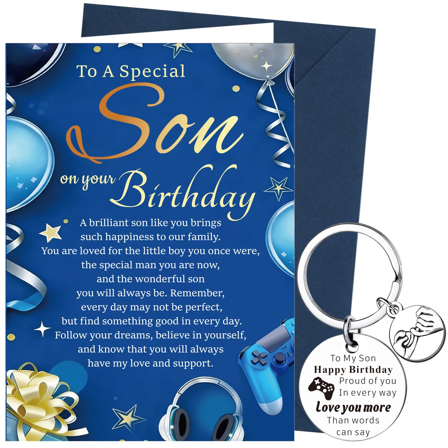 XINDY Son Birthday Card Adult, Sentimental Wording Happy Birthday Card Son Keyring Gifts for Men from Mum, Dad or Parents with Envelope