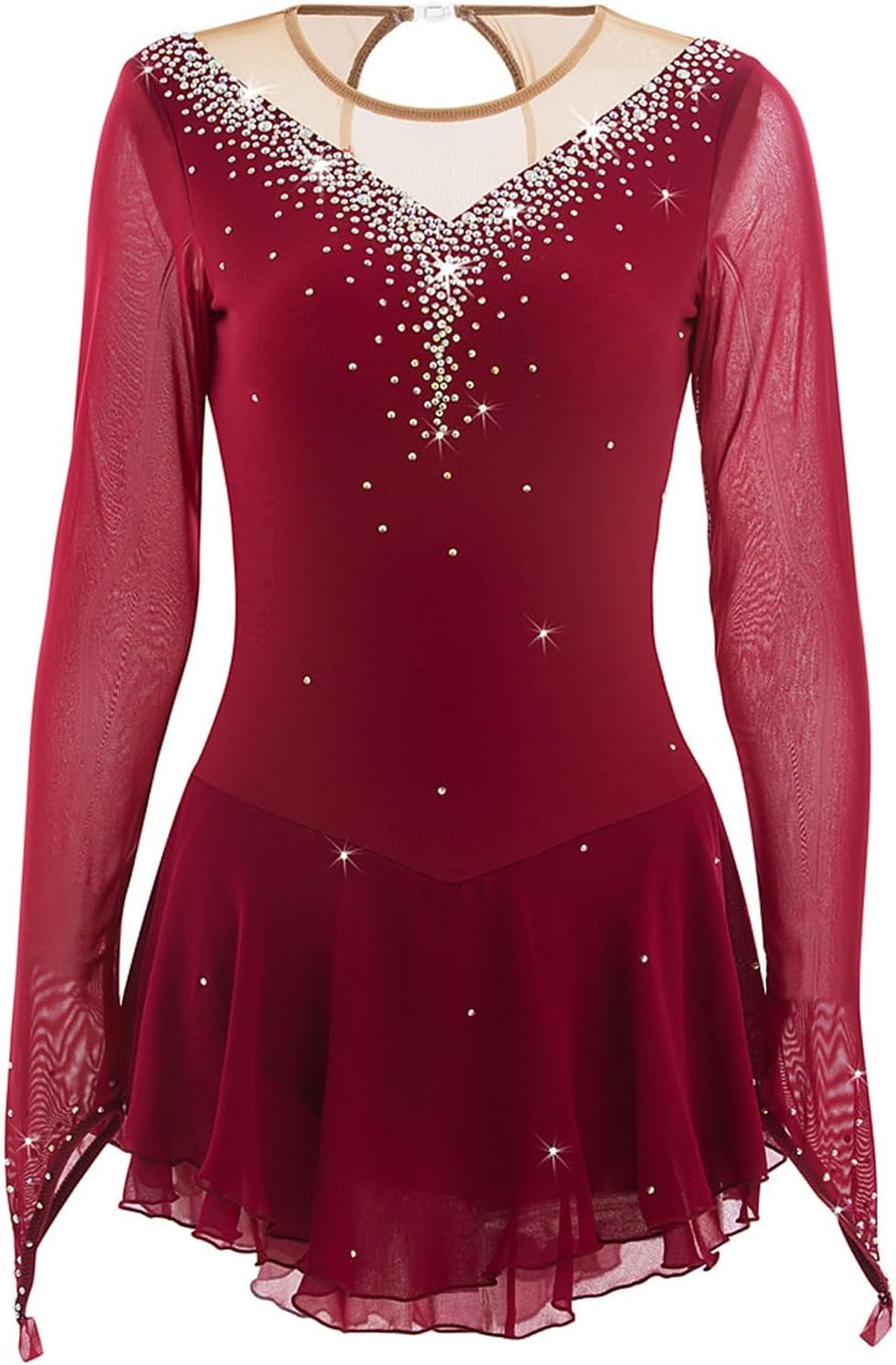 Figure Skating Dress Women Open Back Long Sleeve Ice Skating Dresses