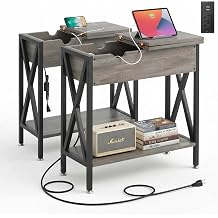 End Tables Living Room Set of 2 with Charging Station, 12"D x 24"W x 24"H