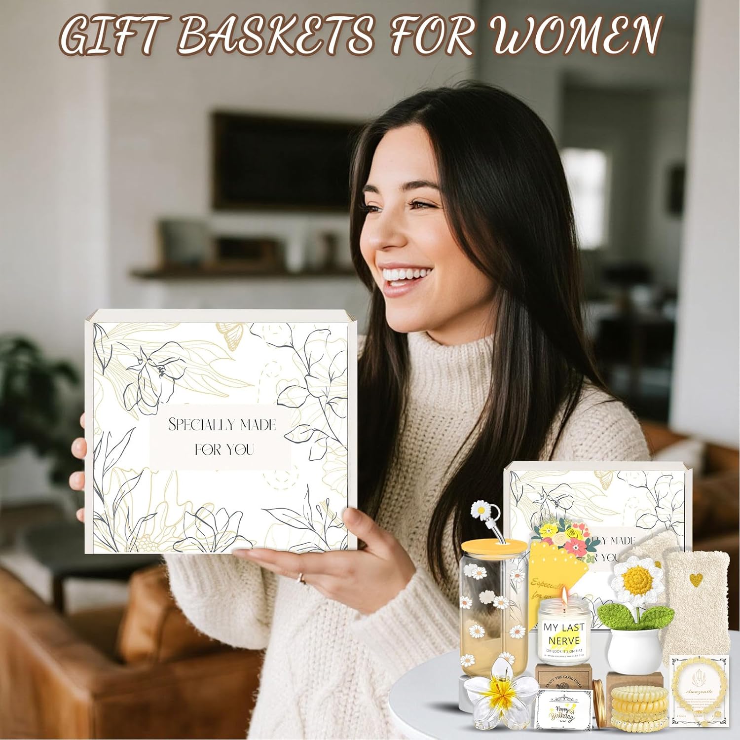 Valentines Day Gifts for Her Women Girlfriend Wife Mom, Unique Happy Birthday Gift Baskets for Teen Girls Friend Sister, Thank You Gifts Set for Teacher Coworker, 14pcs Cute Daisy Box Present (Yellow) - Image 9