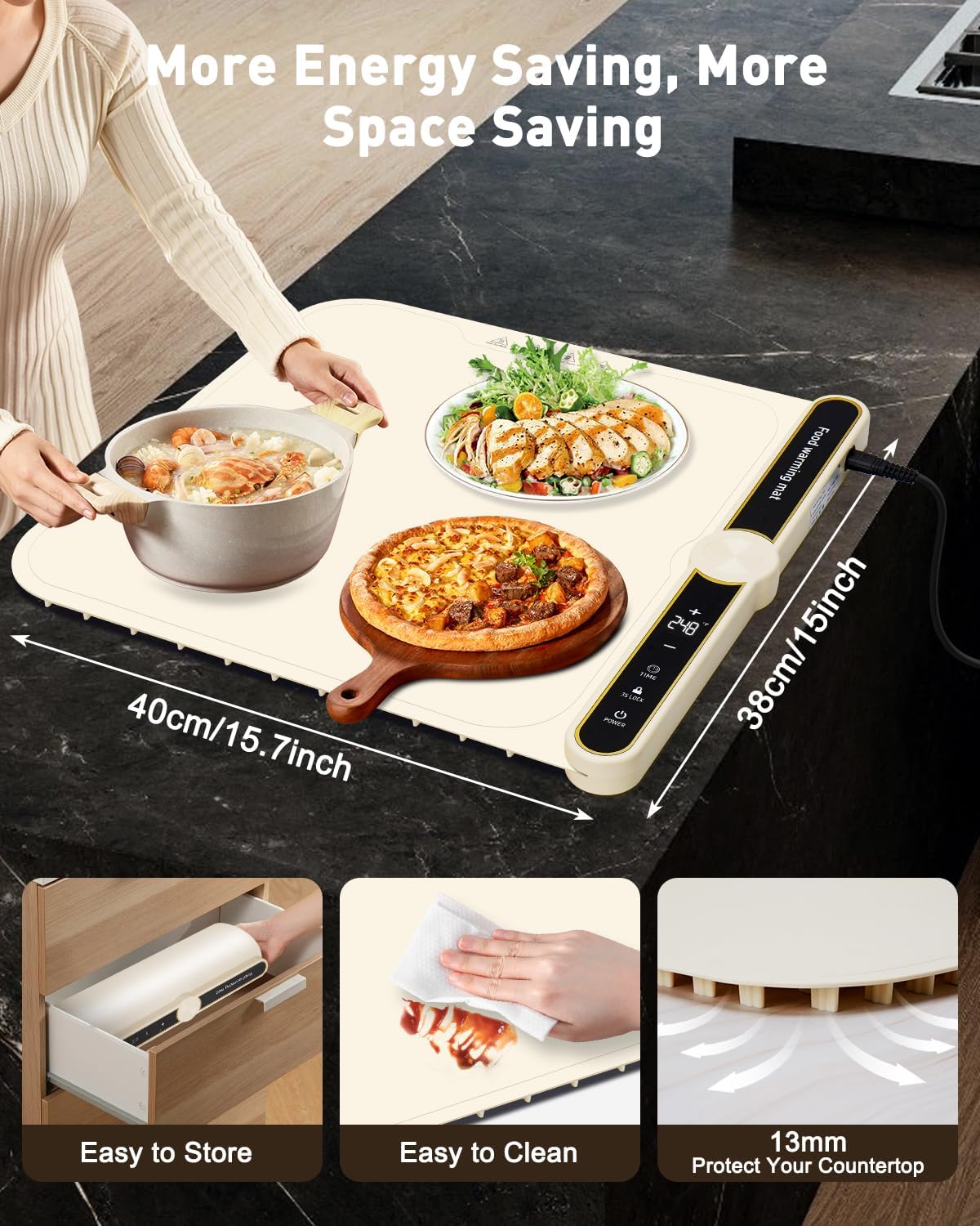 Food Warming Mats for Countertop - Warming Trays for Buffets Party, Silicone Electric Warmer with 7 Level Temp Adjustable / 4H Auto Timer, Hot Fast in 8s, Roll Up Heating Pad for Home Travel (White)