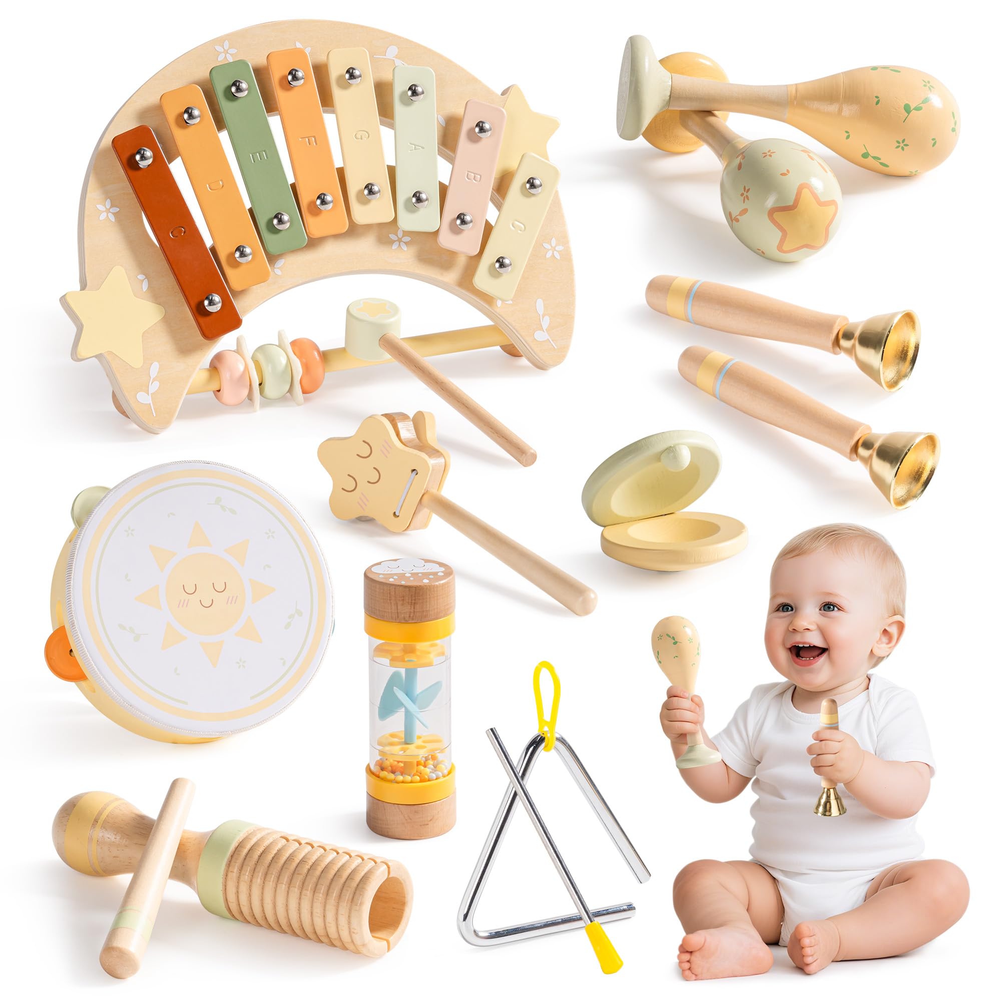 ROBOTIME Wooden Baby Musical Instrument Set, Cute Percussion Toys for Toddlers Includes Xylophone, Maracas, Tambourine - Image 2