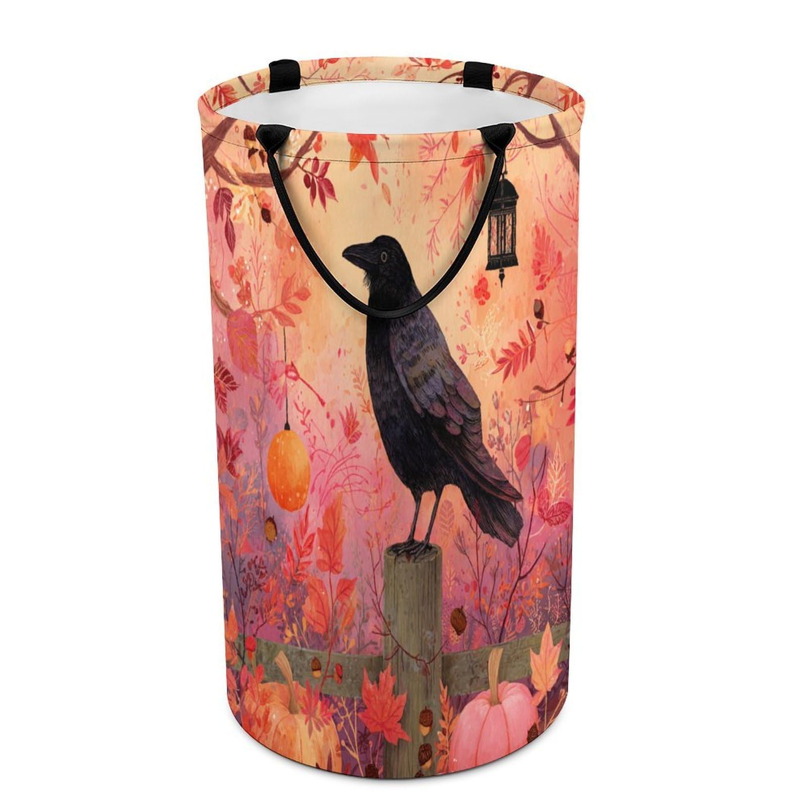 LUYYSKY Abstract Watercolor Black Raven Dirty Clothes Basket, Classic Oil Painting Halloween Plant Pumpkin Maple Leaves Animal Crow Portable Clothes Storage Laundry Basket-40 CM Dia, 69 CM High