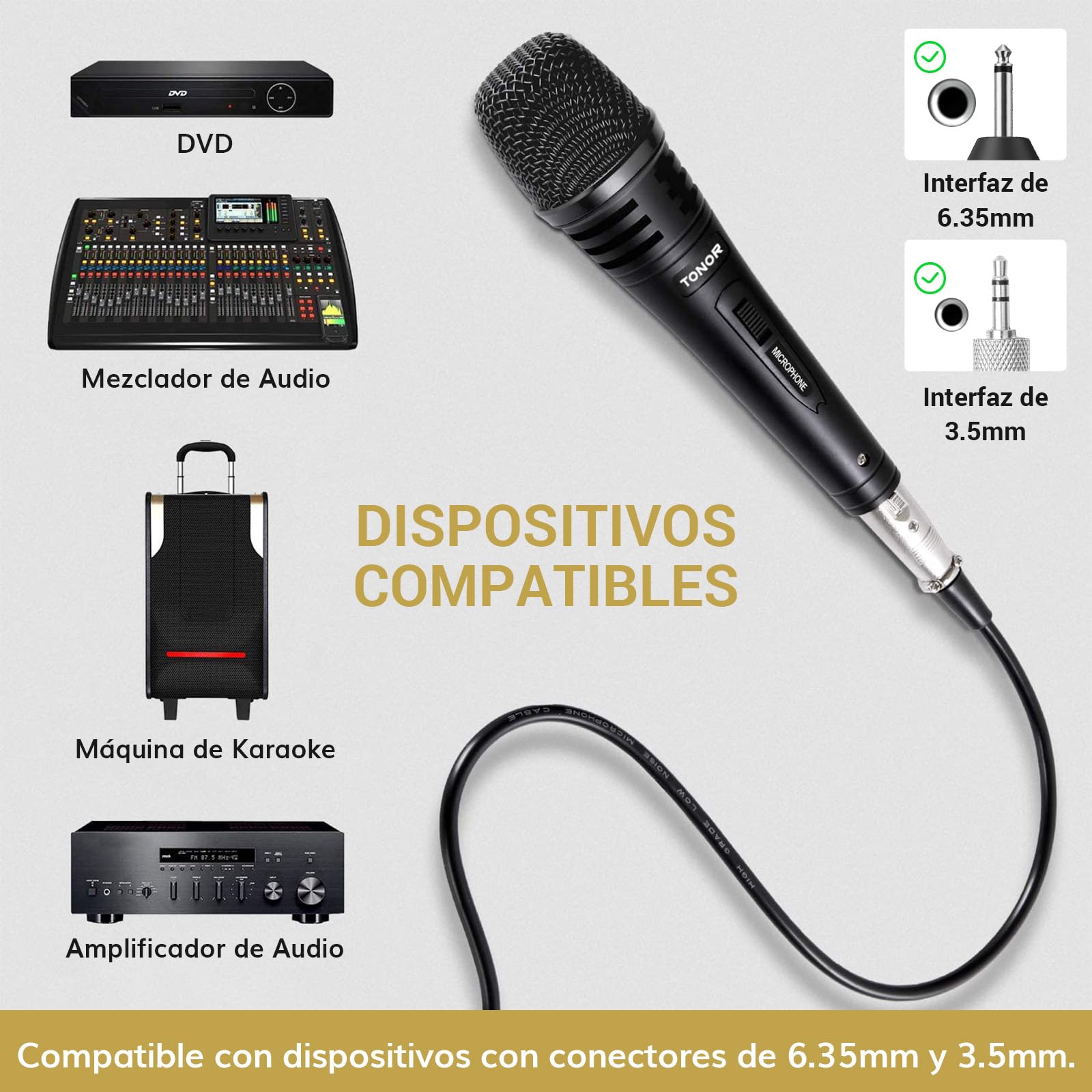 TONOR Microfono Karaoke con Soporte Resistente, Micrófono Dinámico XLR para Cantar, Captación Cardioide, Construcción Totalmente Metálica, Compatible con Mezcladores de DJ y Sistema de PA, 500 cm, K1+